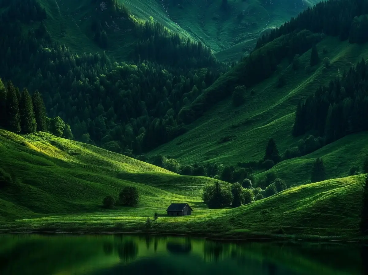 Grüne Hügel an einem stillen See